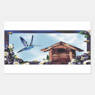 Pretty Hummingbird, Birdhouse, and Blueberries Rectangular Sticker