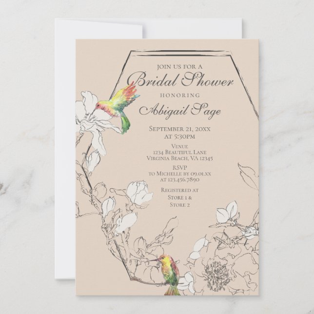 Pretty Hummingbird Floral Geometric Bridal Shower Invitation (Front)