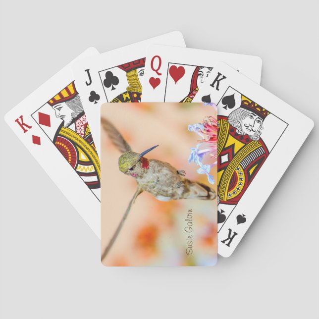 Pretty Hummingbird Flying Over Flowers Name Playing Cards (Back)