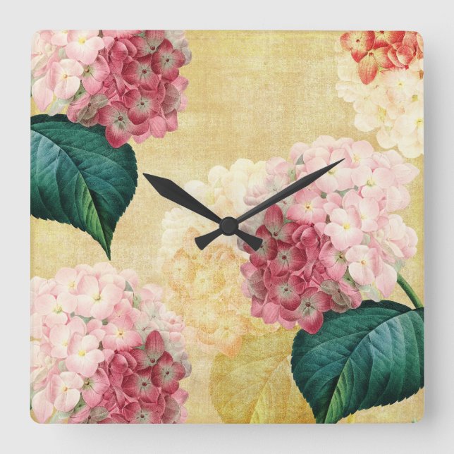 Pretty Hydrangea Floral Square Wall Clock (Front)