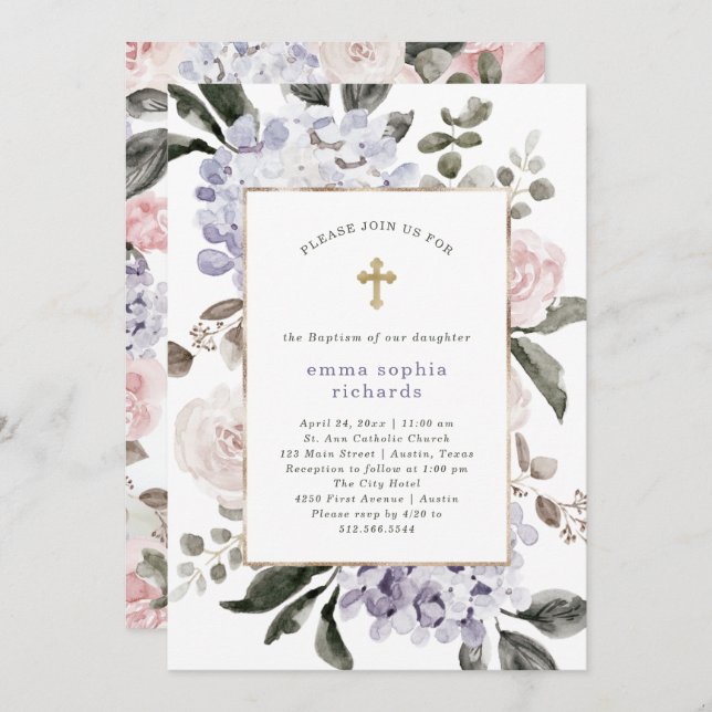Pretty Hydrangea Flowers | Photo Back Baptism Invitation (Front/Back)