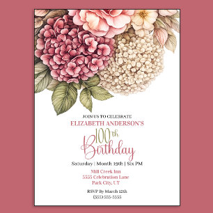 Pretty Hydrangea Rose 100th Birthday Invitation