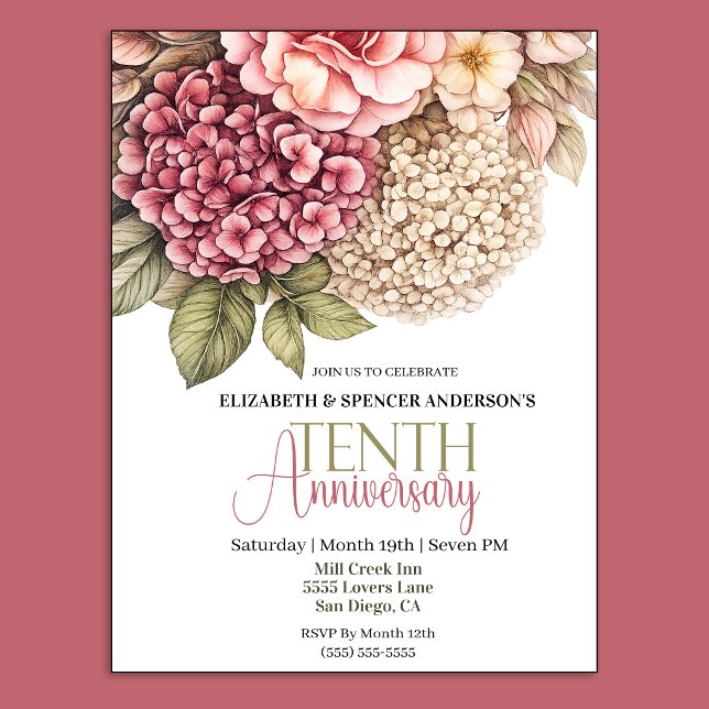 Pretty Hydrangea Rose 10th Anniversary  Invitation (Pretty Hydrangea and Rose 10th Wedding Anniversary Party Invitation.)
