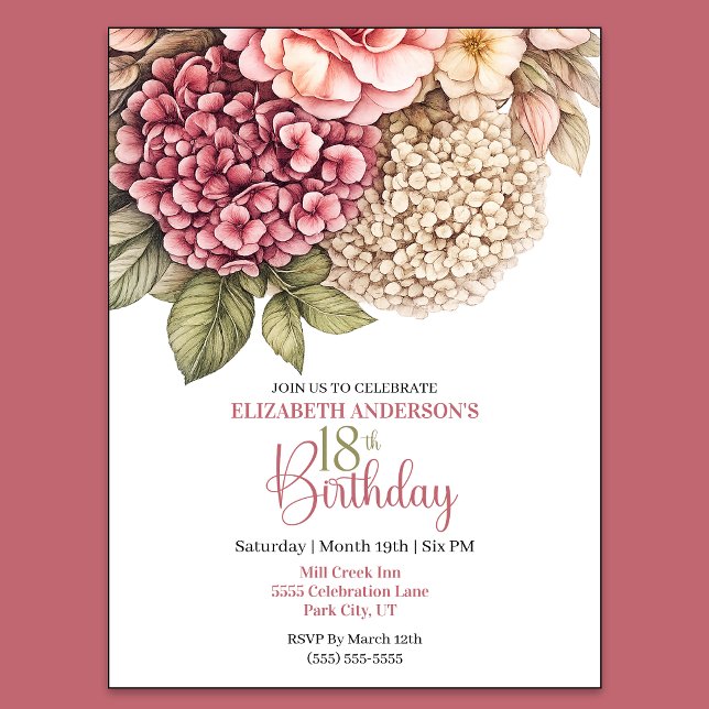 Pretty Hydrangea Rose 18th Birthday Invitation (Pretty Hydrangea and Rose 18th Birthday Invitation For Women.)