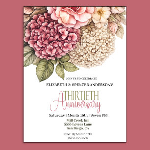Pretty Hydrangea Rose 30th Anniversary  Invitation