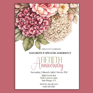 Pretty Hydrangea Rose 50th Anniversary  Invitation