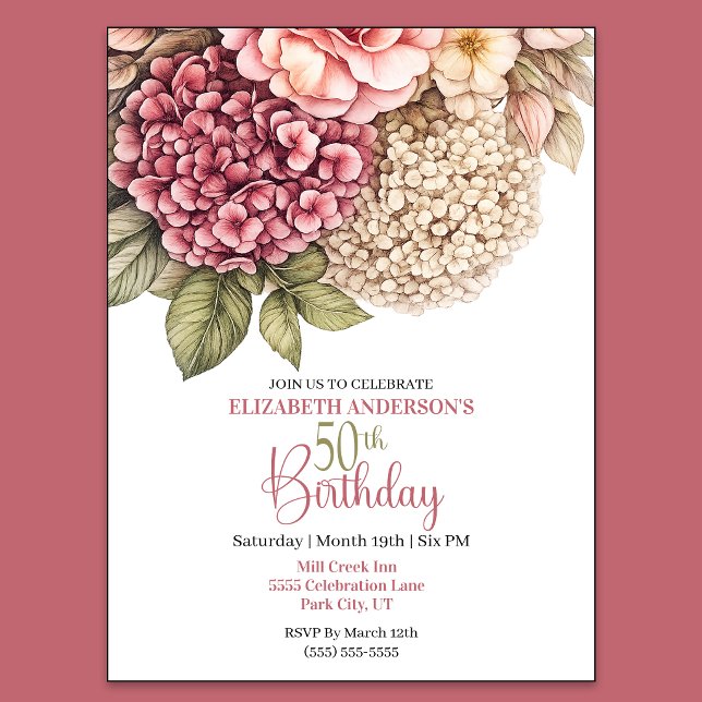 Pretty Hydrangea Rose 50th Birthday Invitation (Pretty Hydrangea and Rose 50th Birthday Invitation For Women.)