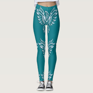 Pretty Ice-blue metallic-look Phoenix on Teal Leggings
