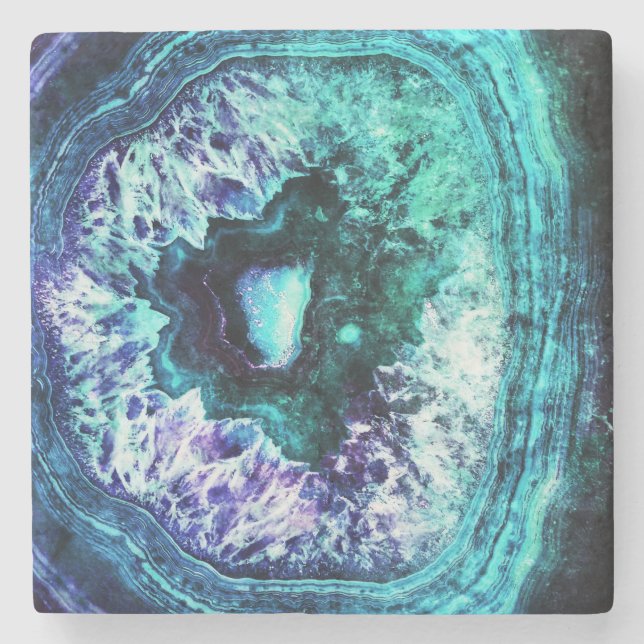 Pretty Icy Turquoise and Purple Geode Crystal Stone Coaster (Front)