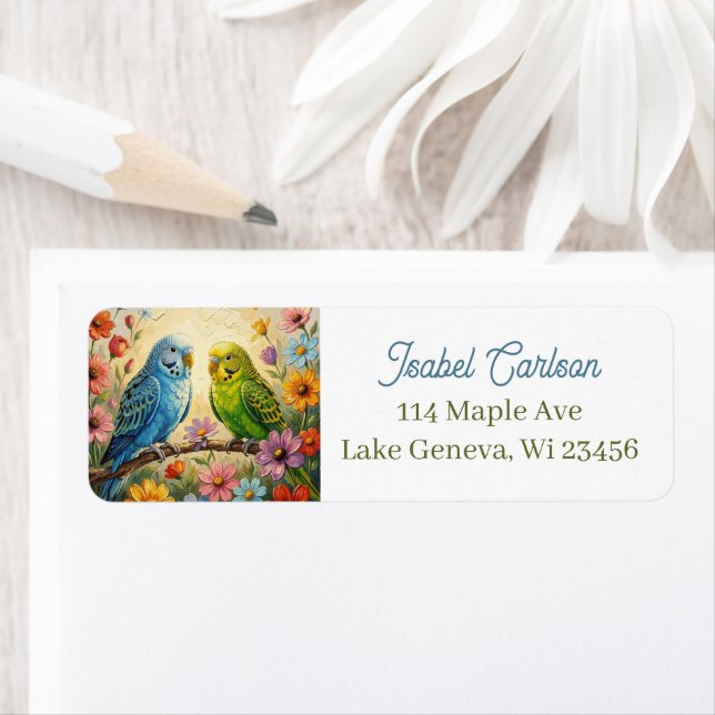 Pretty Impasto Blue and Green Parakeets   Return Address Label (Insitu)