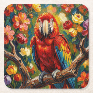 Pretty Impasto Macaw Parrot Square Paper Coaster