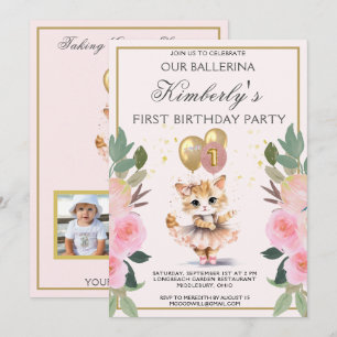 Pretty in Pink Ballerina Girl First Birthday  Invitation
