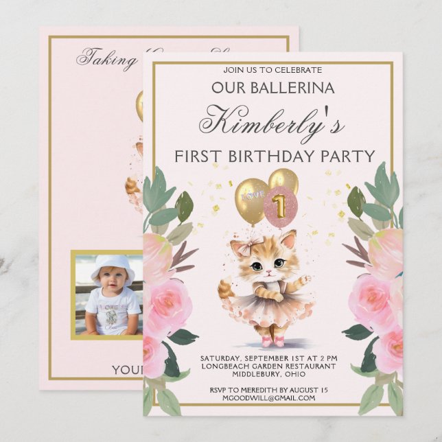 Pretty in Pink Ballerina Girl First Birthday  Invitation (Front/Back)