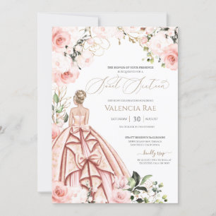 Pretty in Pink Beautiful Gown Blush Roses Sweet 16 Invitation