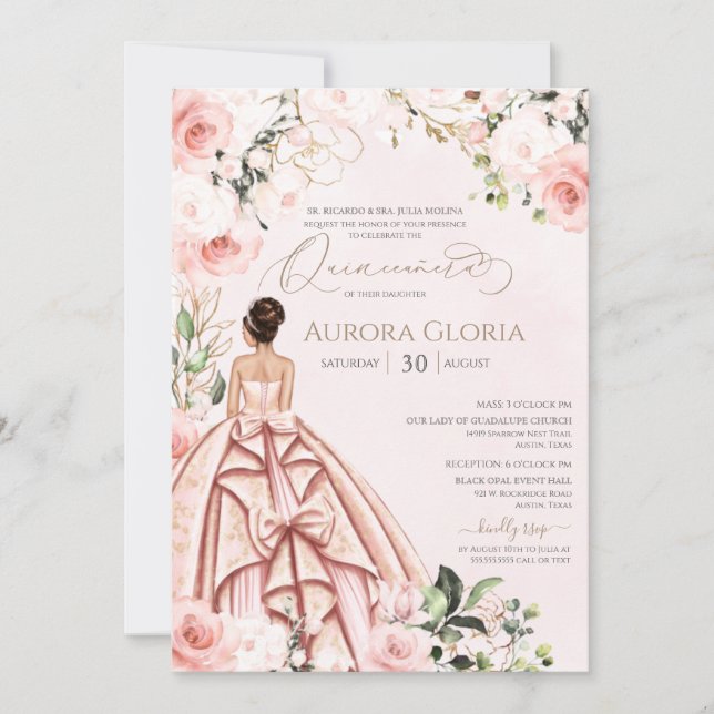 Pretty in Pink Beautiful Gown Rose Quinceañera Invitation (Front)