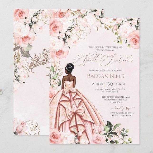 Pretty in Pink Blush Rose Beautiful Gown Sweet 16 Invitation (Front/Back)