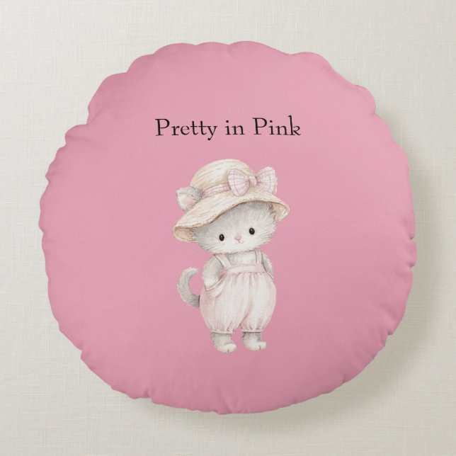 Pretty in Pink Cat Round Cushion (Front)