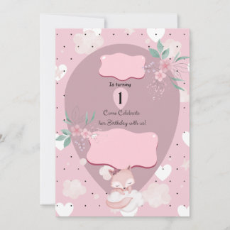 Pretty in Pink Fox  1st Birthday invitation 