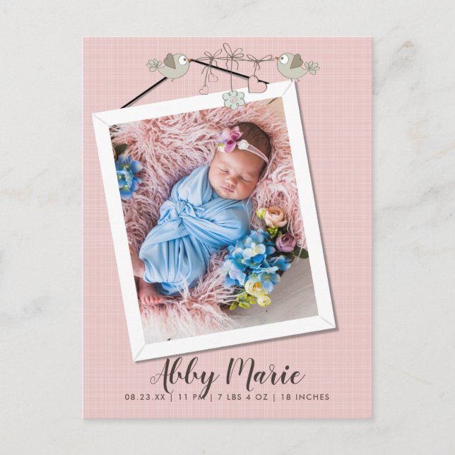 Pretty In Pink Frame Photo Birth Announcement Postcard (Front)