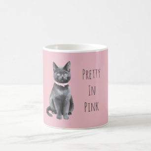 Pretty in Pink Grey Cat Coffee Mug