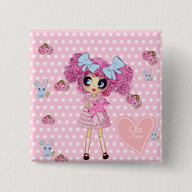 Pretty in Pink Kawaii Girl PinkyP 15 Cm Square Badge (Front)