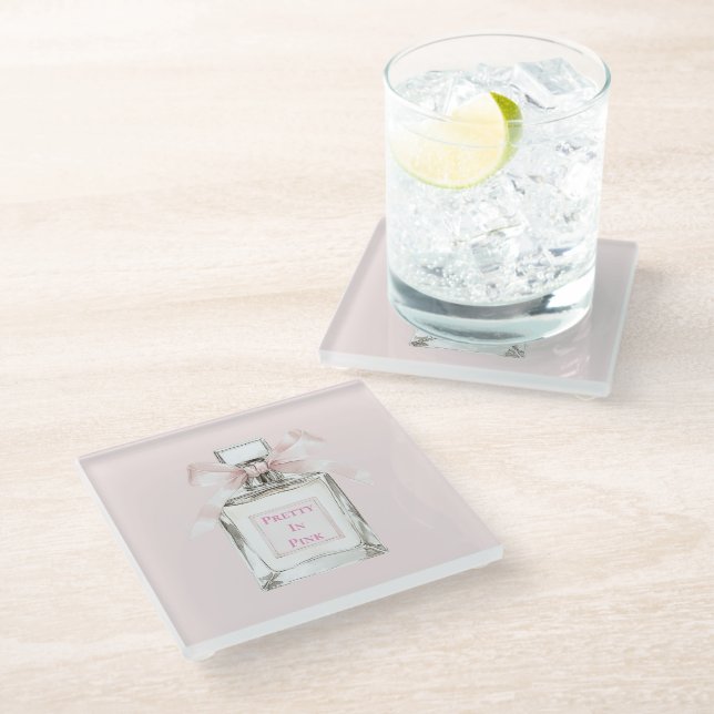 Pretty in Pink Perfume Bottle Bow   Glass Coaster (Angled)