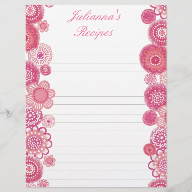 Pretty in Pink Recipe Binder Insert Letter Pages (Front)
