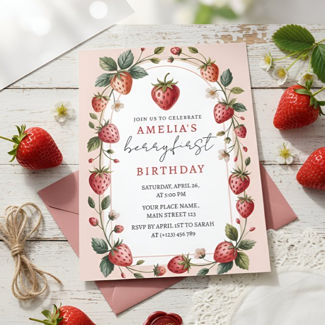 Pretty in Pink Strawberry First Birthday Invitation (Creator Uploaded)