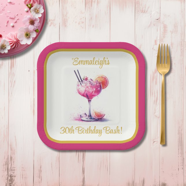 Pretty in Pink Theme Cocktail 30th Birthday Square Paper Plate (Creator Uploaded)