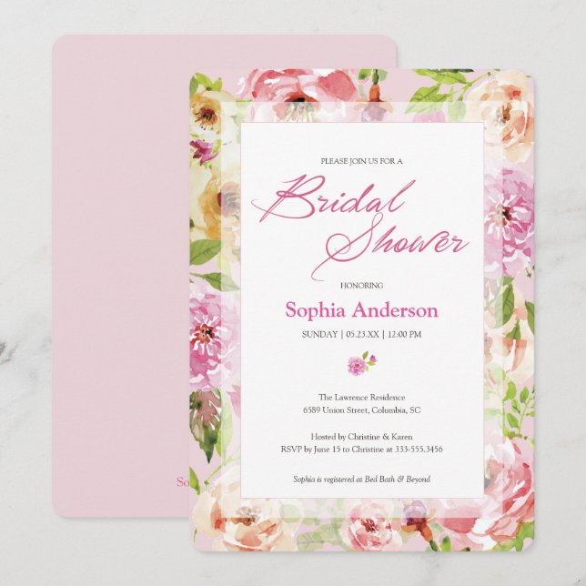 Pretty in Pink Watercolor Bridal Shower Invitation (Front/Back)