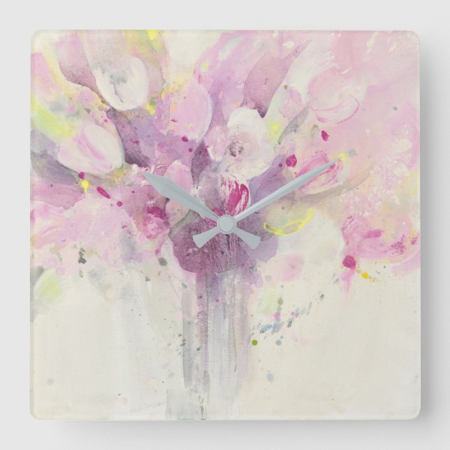 Pretty in Spring | Soft Pink Bouquet Square Wall Clock (Front)