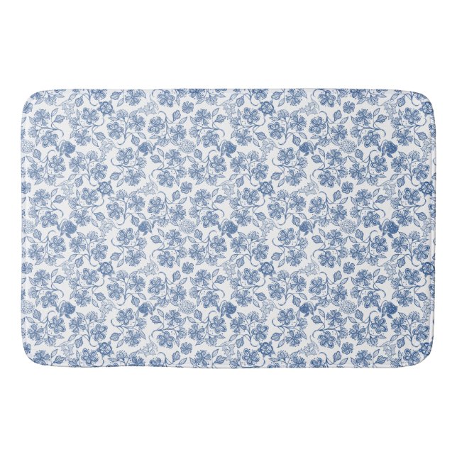 Pretty Indigo Blue Ethnic Floral Print Bath Mat (Front)
