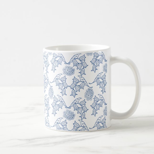 Pretty Indigo Blue on White Ethnic Floral Pattern Coffee Mug (Right)