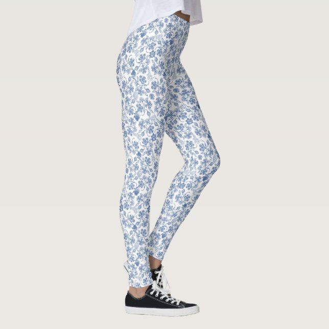 Pretty Indigo Floral Pattern on White to Customise Leggings (Right)