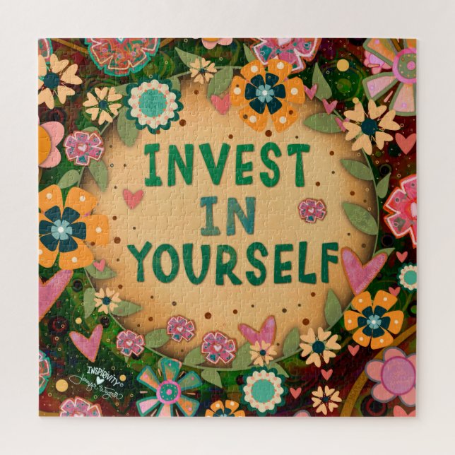 Pretty Invest in Yourself Fun Yellow Floral  Jigsaw Puzzle (Vertical)