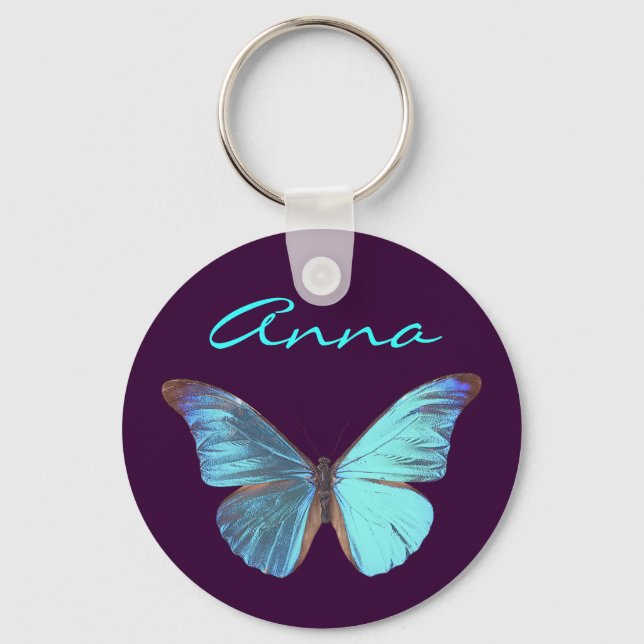 Pretty Iridescent Blue Butterfly Key Ring (Front)