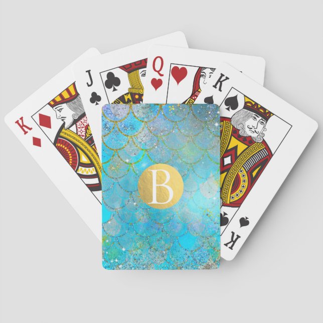 Pretty Iridescent Blue Shimmer Mermaid Scales Playing Cards (Back)