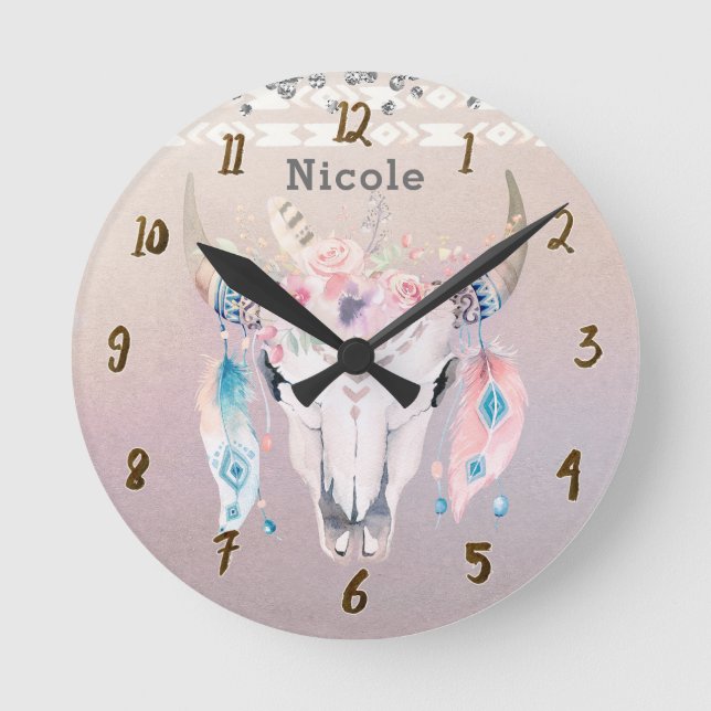 Pretty Iridescent Boho Chic Floral Rustic Custom Round Clock (Front)