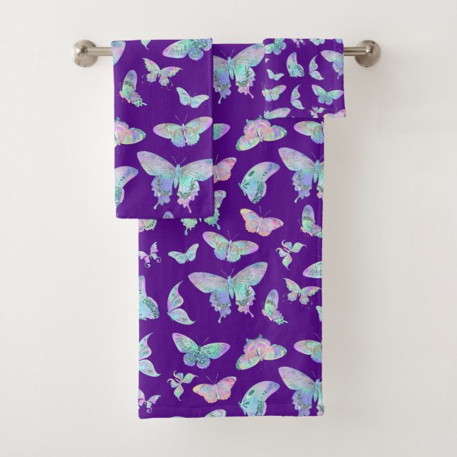 Pretty Iridescent Butterflies on Purple Bath Towel Set (Insitu)