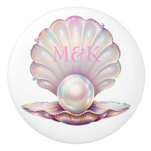 Pretty Iridescent Pearl Clamshell Pink Monogram Ceramic Knob