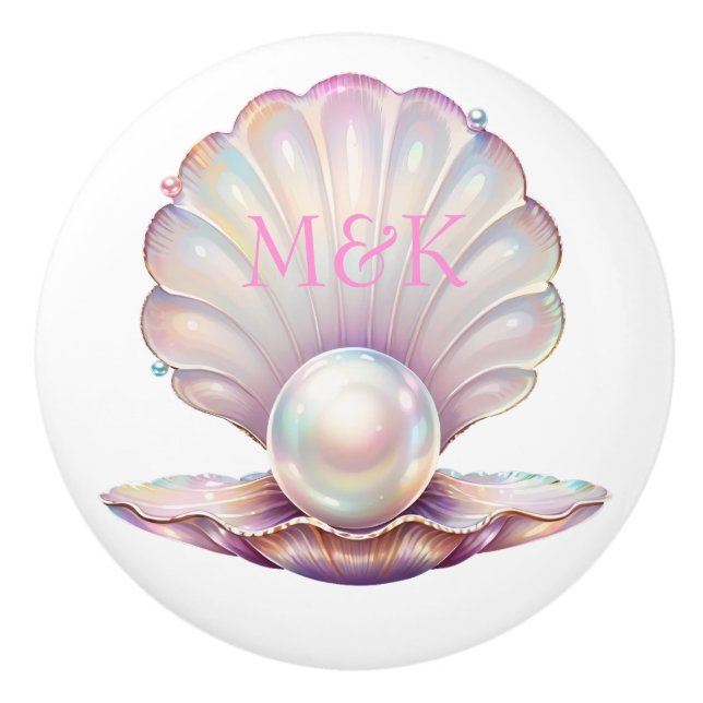 Pretty Iridescent Pearl Clamshell Pink Monogram Ceramic Knob (Front)