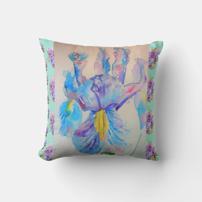 Pretty Iris Watercolour Painting Aqua Cushion (Front)