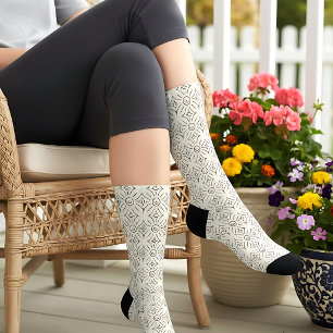 Pretty Ivory and Grey Floral Pattern Socks