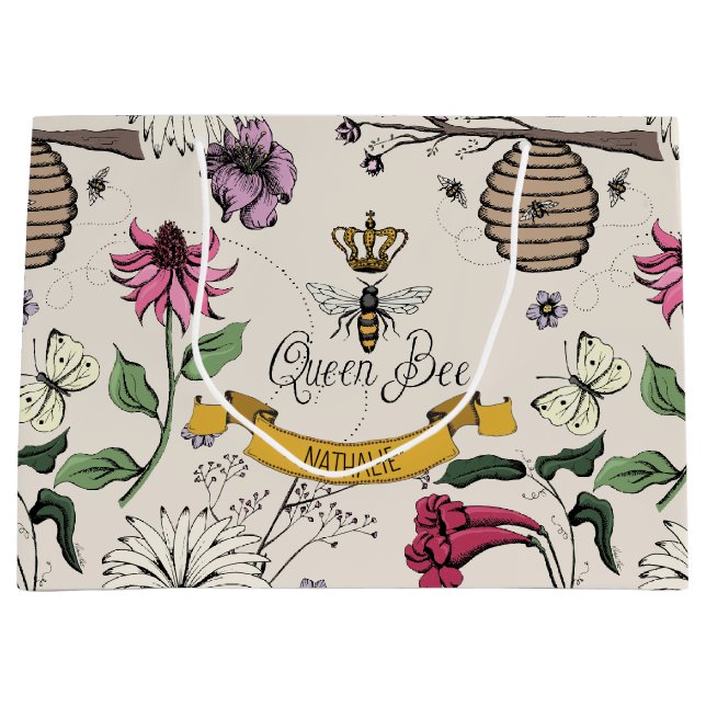 Pretty Ivory Black and Gold Queen Bee, Royal Crown Large Gift Bag (Front)