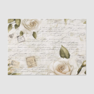 Pretty Ivory Roses on Simulated Text and Stamps Tissue Paper