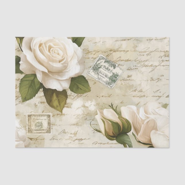 Pretty Ivory Roses with Simulated Text and Stamps Tissue Paper (Front)