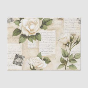 Pretty Ivory Roses with Simulated Text and Stamps Tissue Paper