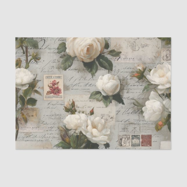 Pretty Ivory Roses with Simulated Text and Stamps Tissue Paper (Front)