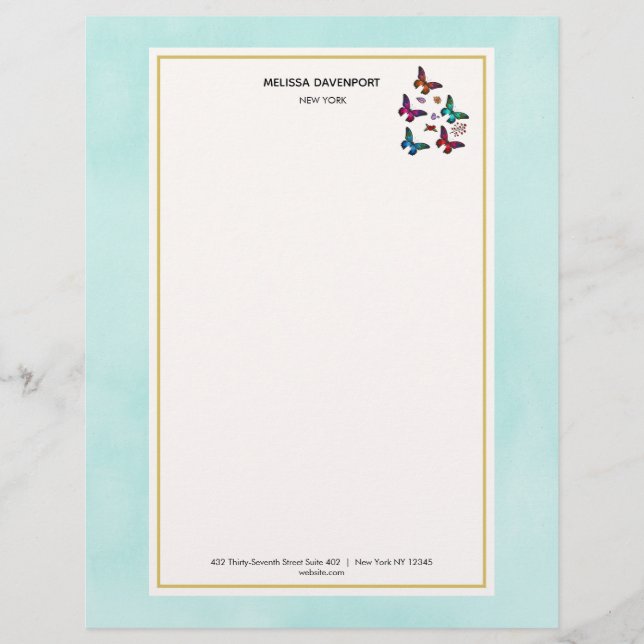 Pretty Jewel Coloured Butterflies on Mint Green Customized Letterhead (Front)