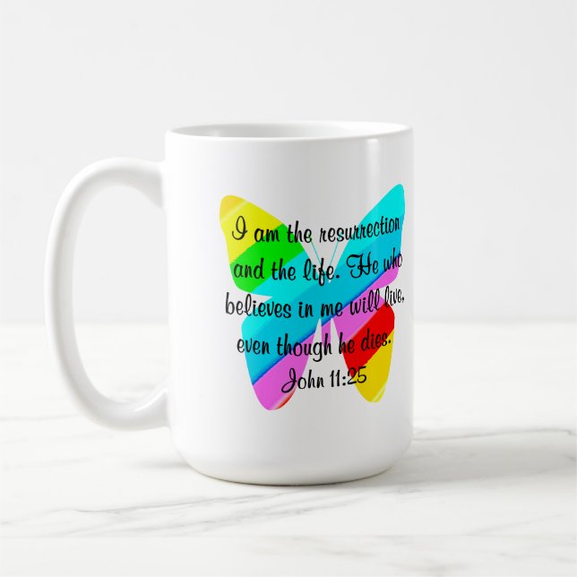 PRETTY JOHN 11:25 RAINBOW BUTTERFLY DESIGN COFFEE MUG (Left)